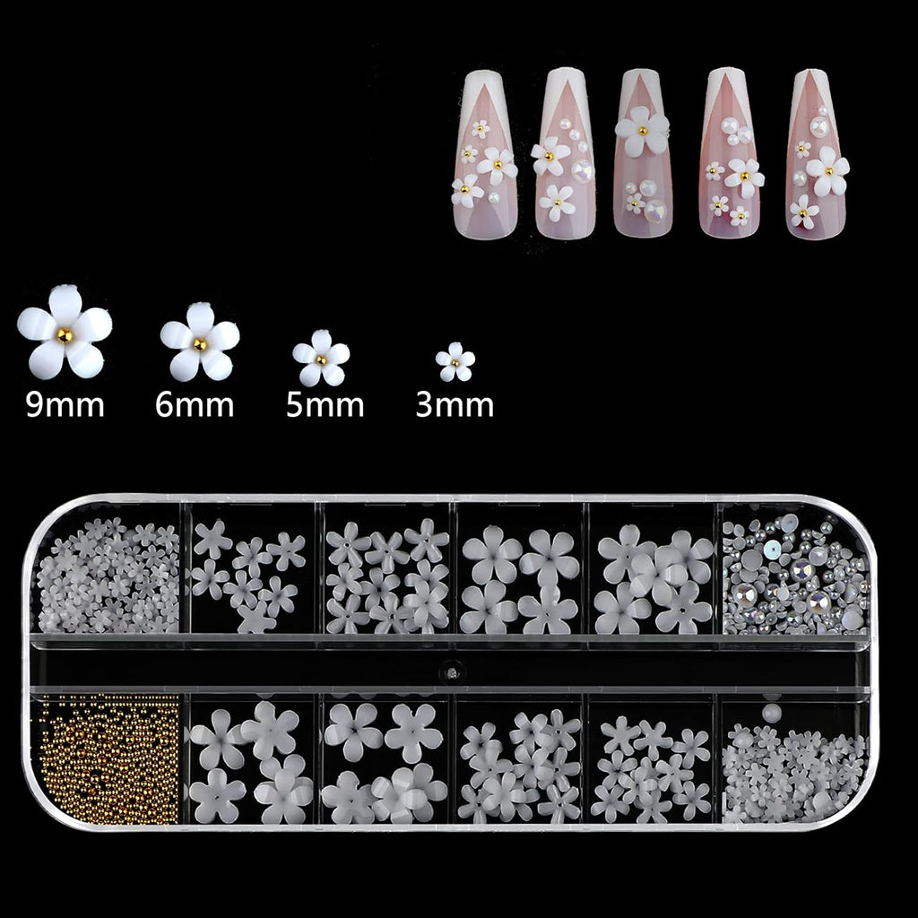 250Pcs 12 Styles 3D Acrylic White Flowers for Nails, 3D White Flower Nail Art s Jewelry Making with Golden Small Balls