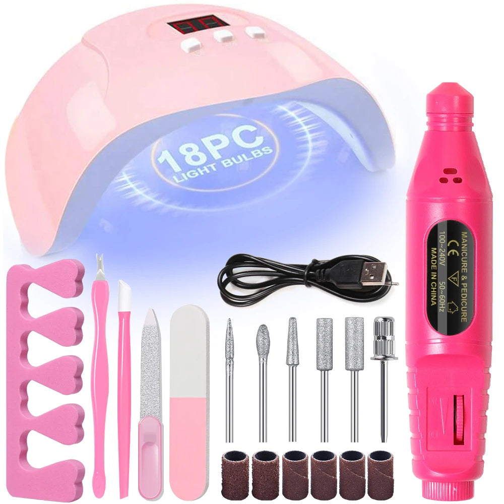  Nail  Kit with 54W UV 18Pcs Lamp Glue Dryer Polisher Dead Skin Remover Finger Separator Mani/Pedi . 6 different bundles