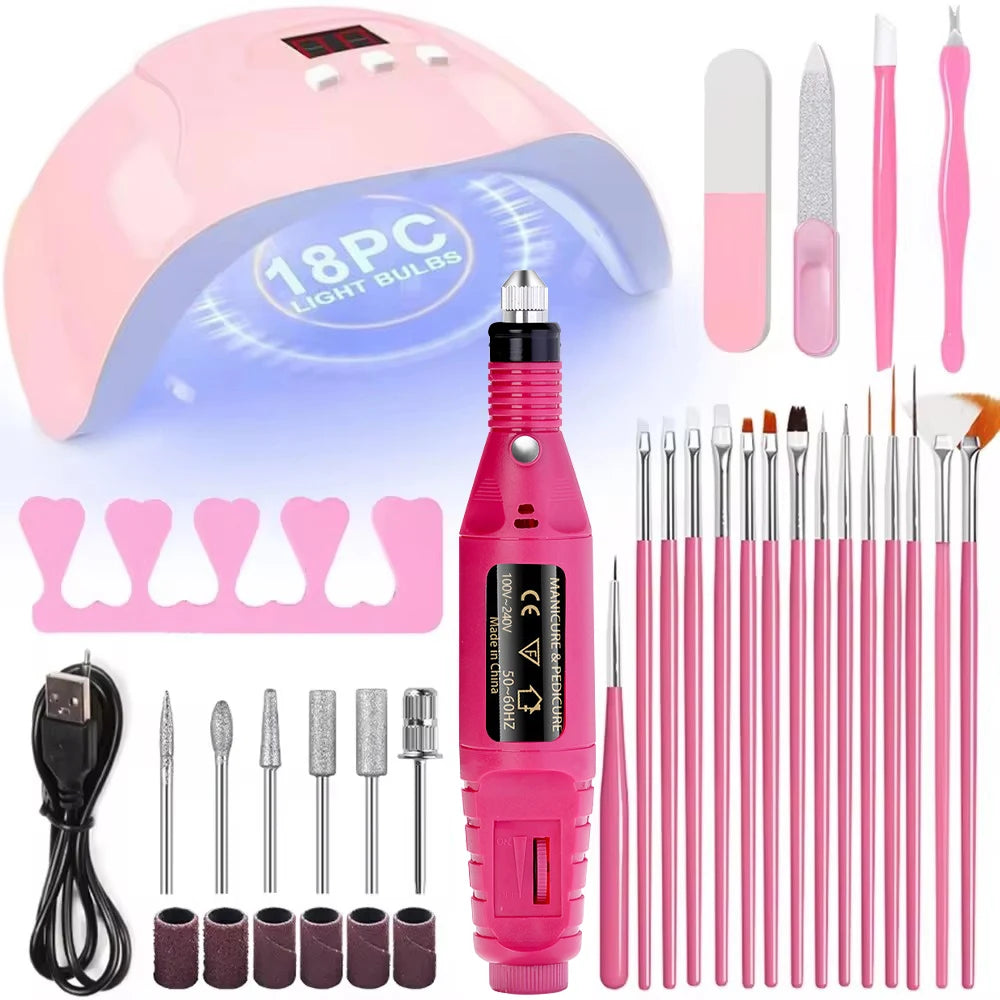  Nail  Kit with 54W UV 18Pcs Lamp Glue Dryer Polisher Dead Skin Remover Finger Separator Mani/Pedi . 6 different bundles