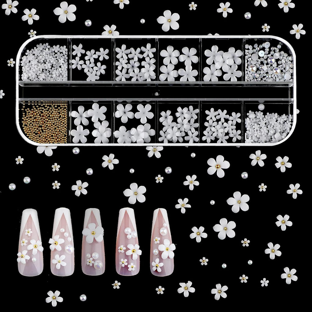 250Pcs 12 Styles 3D Acrylic White Flowers for Nails, 3D White Flower Nail Art s Jewelry Making with Golden Small Balls