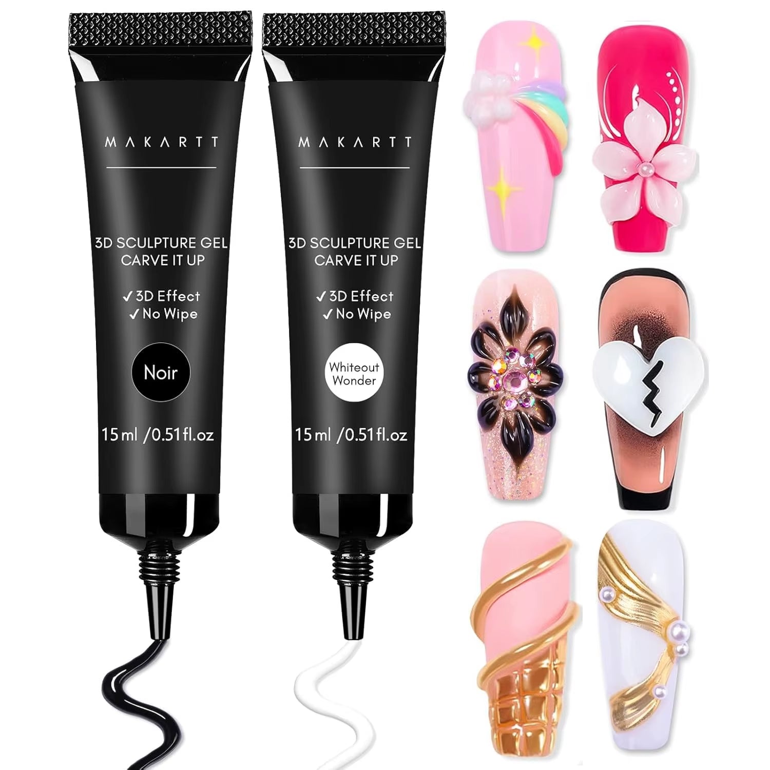3D Nail Gel Sculpting Gel Nail Art Glue Kit, White Craving Gel and Black Candy Molding Gel No Wipe Embossed Gel Polish