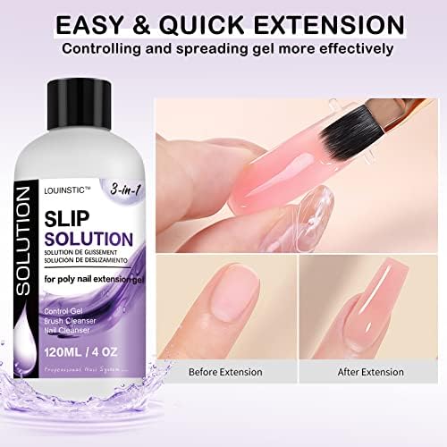LOUINSTIC 3 In1 Poly Nail Gel Slip Solution - 4 oz Anti-Stick Nail Extension Solution, Nail Brush Cleanser, Nail Preparation Cleanser, Slip Solution for Poly Nail Gel Kit
