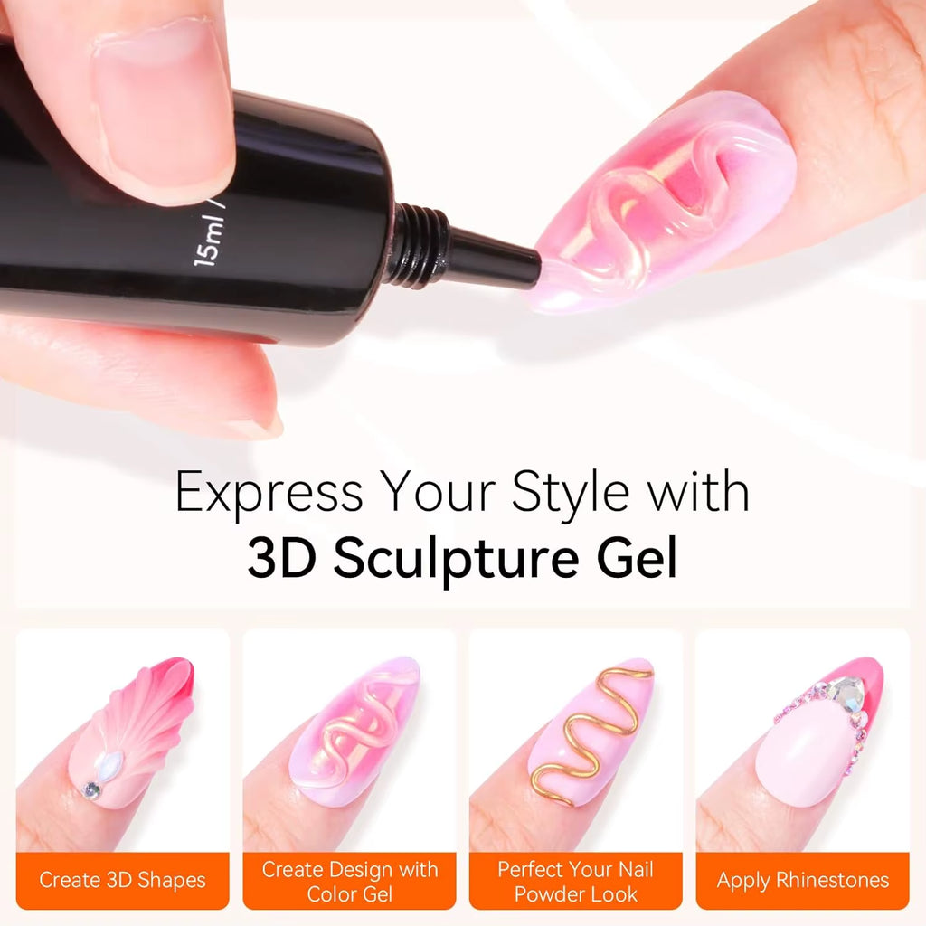 3D Nail Gel Sculpting Gel Nail Art Glue Kit, White Craving Gel and Black Candy Molding Gel No Wipe Embossed Gel Polish