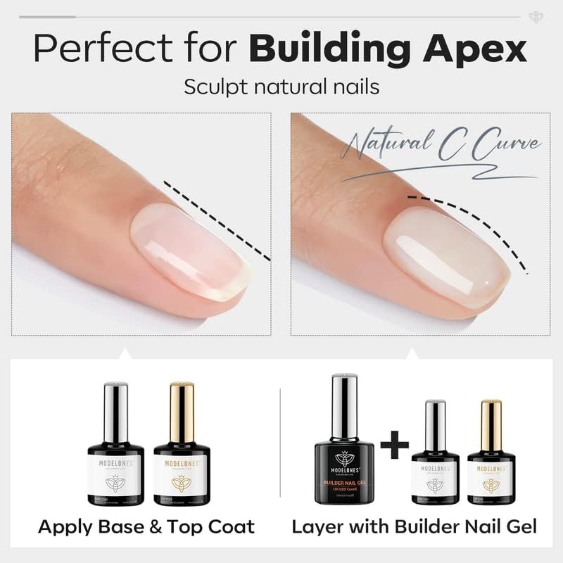 modelones Builder Nail Gel with Gel Top and Base Coat, 3Pcs . Nail Thickening .Apex Building. Nail Extension .Rhinestone Gel Nail Glue, LED Nail Lamp Cured