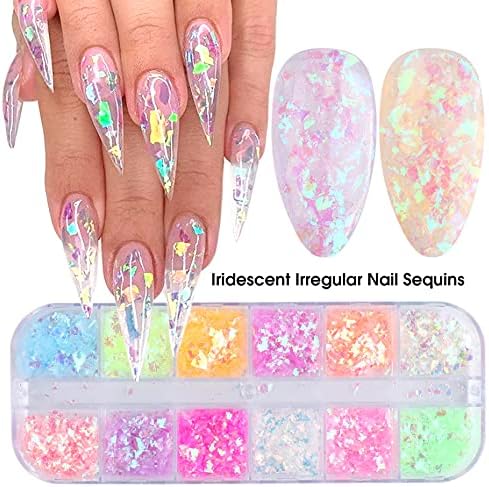 Mermaid Flake Nail Glitter Sequins, CHANGAR Iridescent Ice Slag Nail Glitter Colorful Fluorescent Glass Paper Nail Sticker for Make Up DIY Nail Decoration