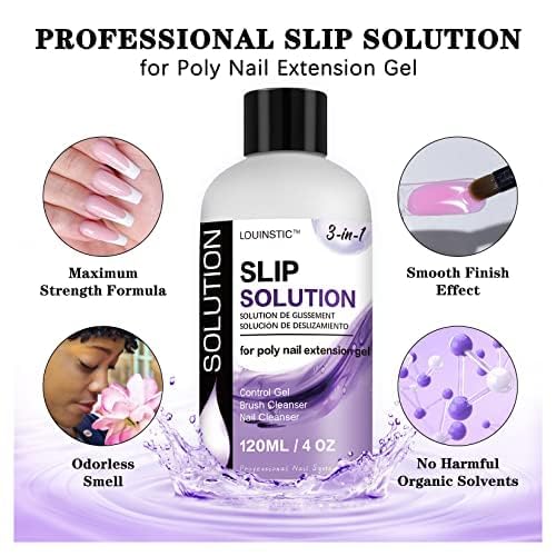 LOUINSTIC 3 In1 Poly Nail Gel Slip Solution - 4 oz Anti-Stick Nail Extension Solution, Nail Brush Cleanser, Nail Preparation Cleanser, Slip Solution for Poly Nail Gel Kit