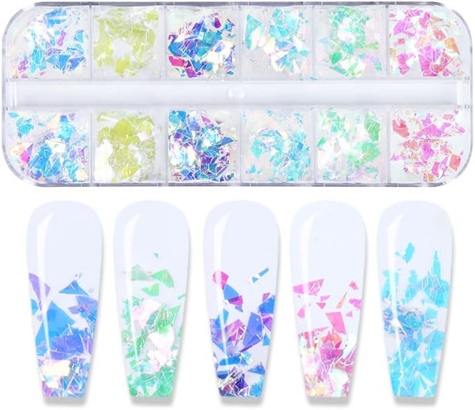 Holographic Mermaid Nail Art Glitter Flakes JMEOWIO 12 Grids Gradient Bright Iridescent Ice Slag Nail Sequins Paillettes Summer Nail Art Decoration for Women Girls