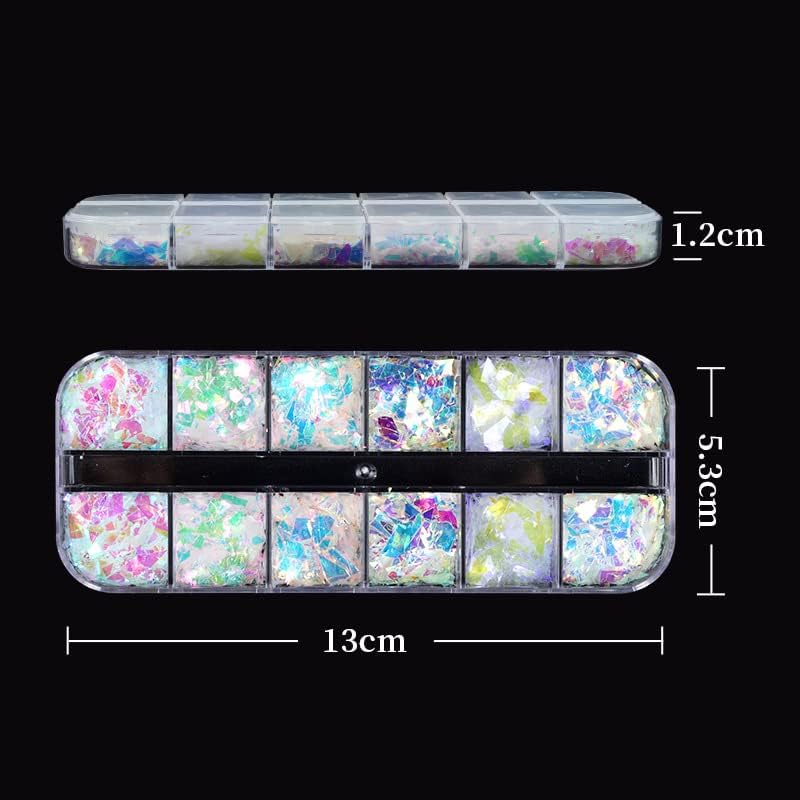 Holographic Mermaid Nail Art Glitter Flakes JMEOWIO 12 Grids Gradient Bright Iridescent Ice Slag Nail Sequins Paillettes Summer Nail Art Decoration for Women Girls