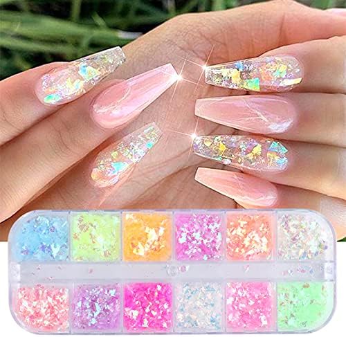 Mermaid Flake Nail Glitter Sequins, CHANGAR Iridescent Ice Slag Nail Glitter Colorful Fluorescent Glass Paper Nail Sticker for Make Up DIY Nail Decoration