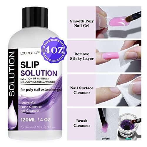 LOUINSTIC 3 In1 Poly Nail Gel Slip Solution - 4 oz Anti-Stick Nail Extension Solution, Nail Brush Cleanser, Nail Preparation Cleanser, Slip Solution for Poly Nail Gel Kit
