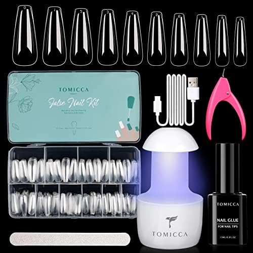 TOMICCA Nail Tips and Glue Gel Kit - Gel x Nail Kit 240pcs Short Square or long coffin  Soft Gel Nail Tips and 8 in 1 Nail Glue Gel,  with UV LED Lamp