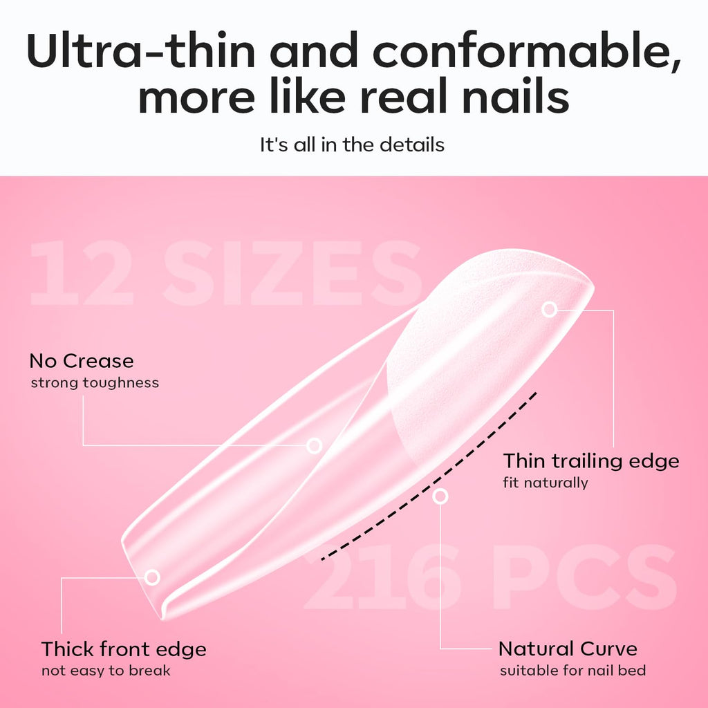 modelones Gel Nail Kit,  Nail Tips Medium Coffin Shape, 9-in-One Nail Glue & Portable U V Nail Lamp, 216Pcs 12Sizes P Nails Tip Nail Extension