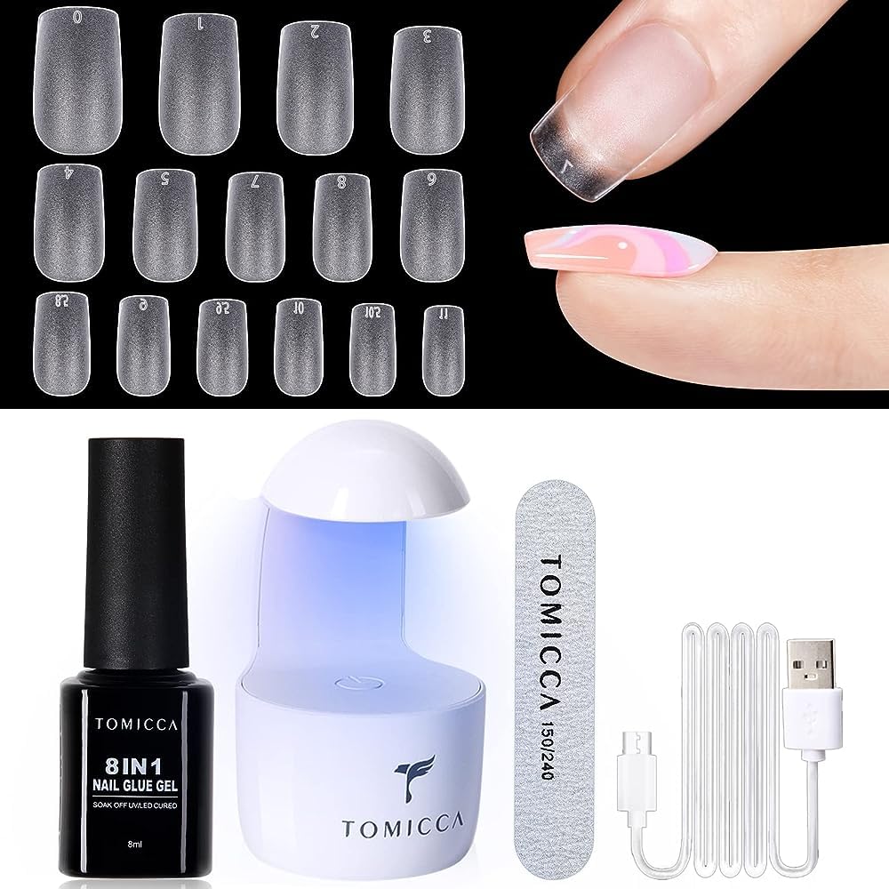 TOMICCA Nail Tips and Glue Gel Kit - Gel x Nail Kit 240pcs Short Square or long coffin  Soft Gel Nail Tips and 8 in 1 Nail Glue Gel,  with UV LED Lamp