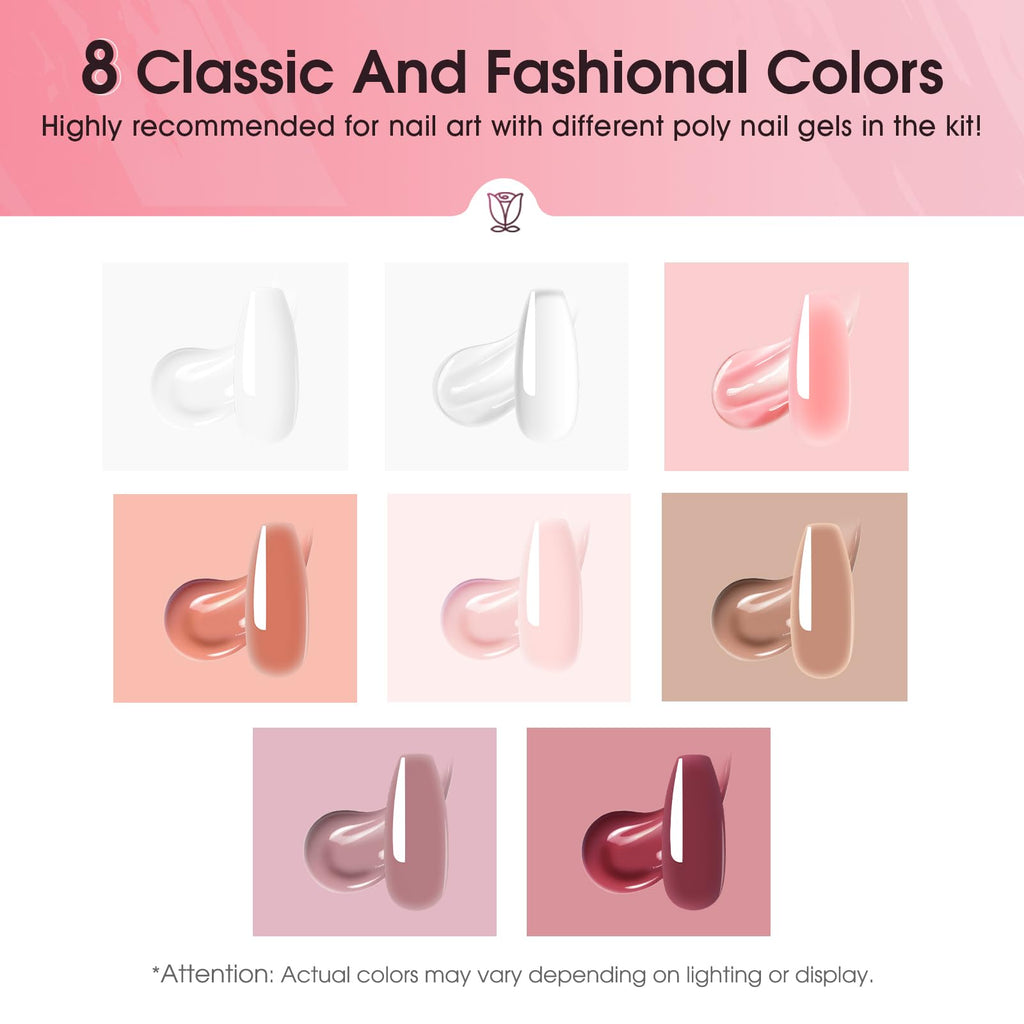 ROSALIND MINI Poly Nail Gel Kit, 8 Colors 0.34oz Each Tube Poly Nails Gel Starter Kit with Slip Solution and Mini UV Lamp, Clear Nude Purple Gels Extension Set