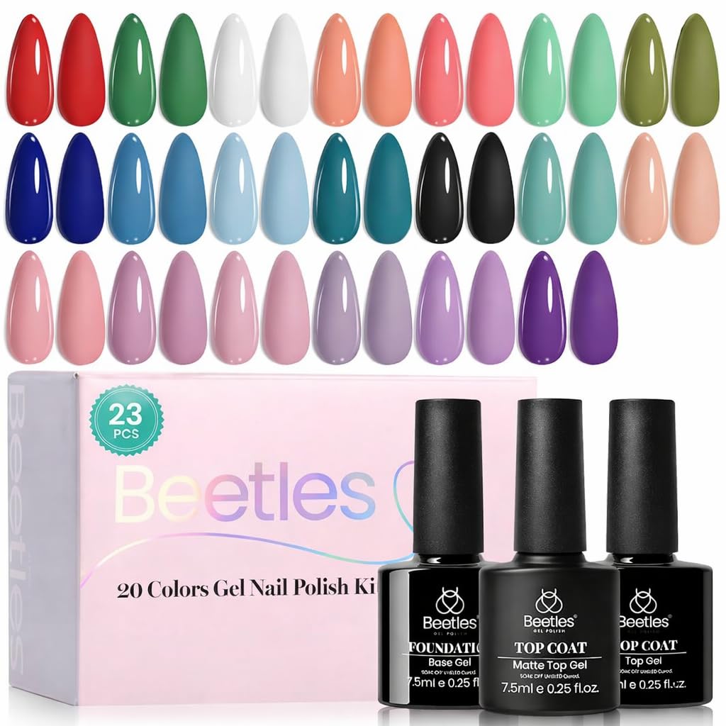 116 diff packs . Beetles GelNail Polish Kit, 20 Colors Soak Off Gel Polish with 1 Base Coat 1 Glossy & 1 Matte Top Coat