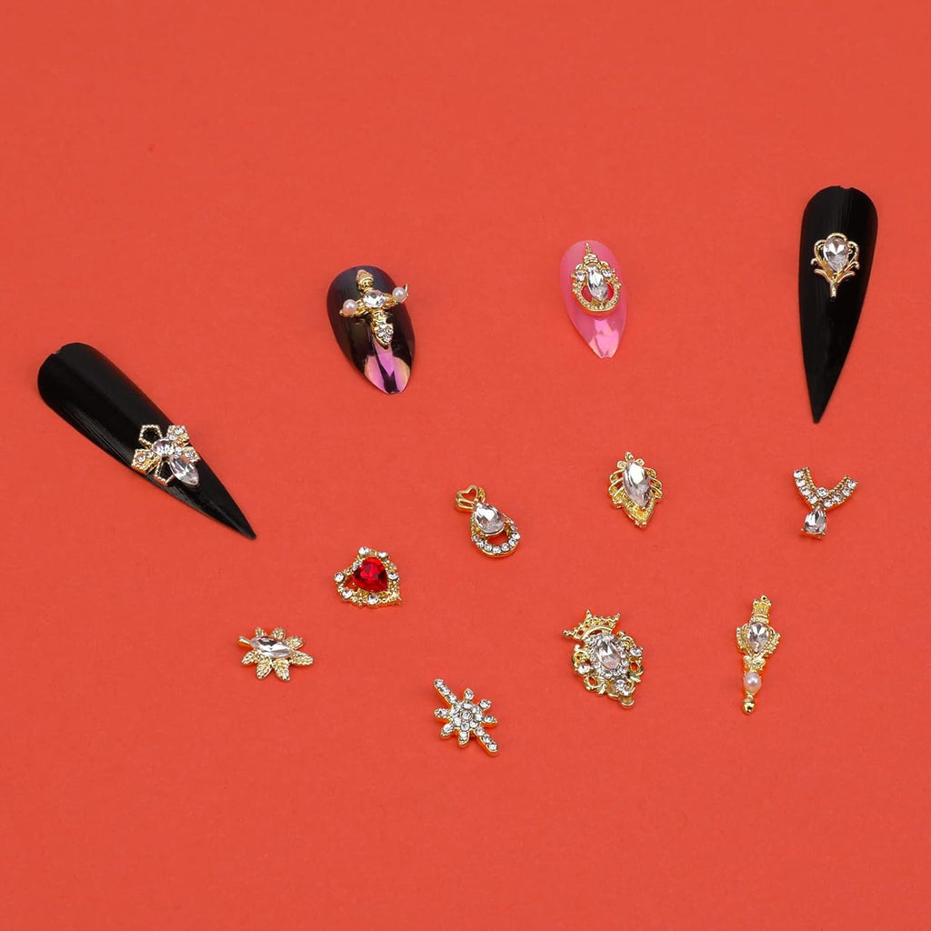 36Pcs 3D Nail Charms, Bling Rhinestones Nail Art Decorations Kit, Heart Pearl Metal Gems Stones Crystal Gold
