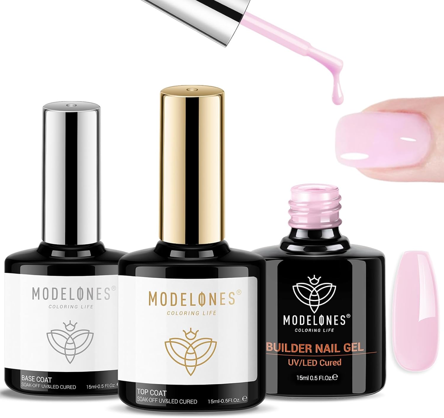 modelones Builder Nail Gel with Gel Top and Base Coat, 3Pcs . Nail Thickening .Apex Building. Nail Extension .Rhinestone Gel Nail Glue, LED Nail Lamp Cured