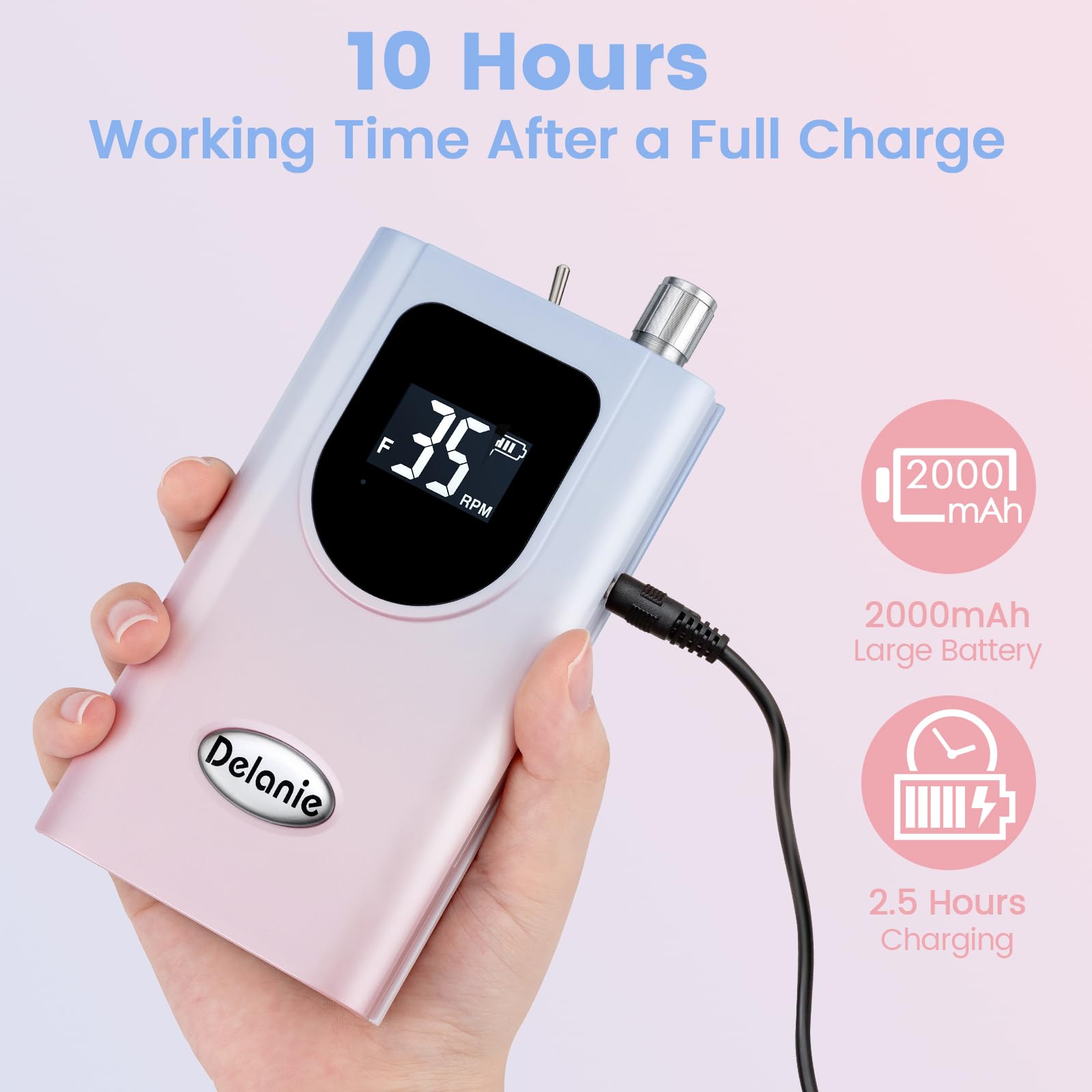 Delanie Professional Nail Drill High Torque 35000 RPM Rechargeable Portable Electric Nail File for Acrylic & Gel, High Speed, Low Heat, Low Vibration (7 colors )