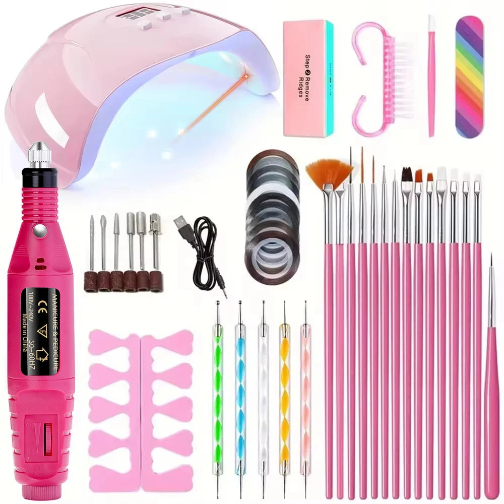  Nail  Kit with 54W UV 18Pcs Lamp Glue Dryer Polisher Dead Skin Remover Finger Separator Mani/Pedi . 6 different bundles