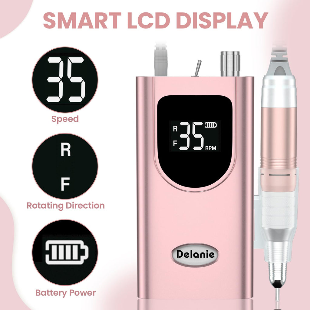 Delanie Professional Nail Drill High Torque 35000 RPM Rechargeable Portable Electric Nail File for Acrylic & Gel, High Speed, Low Heat, Low Vibration (7 colors )