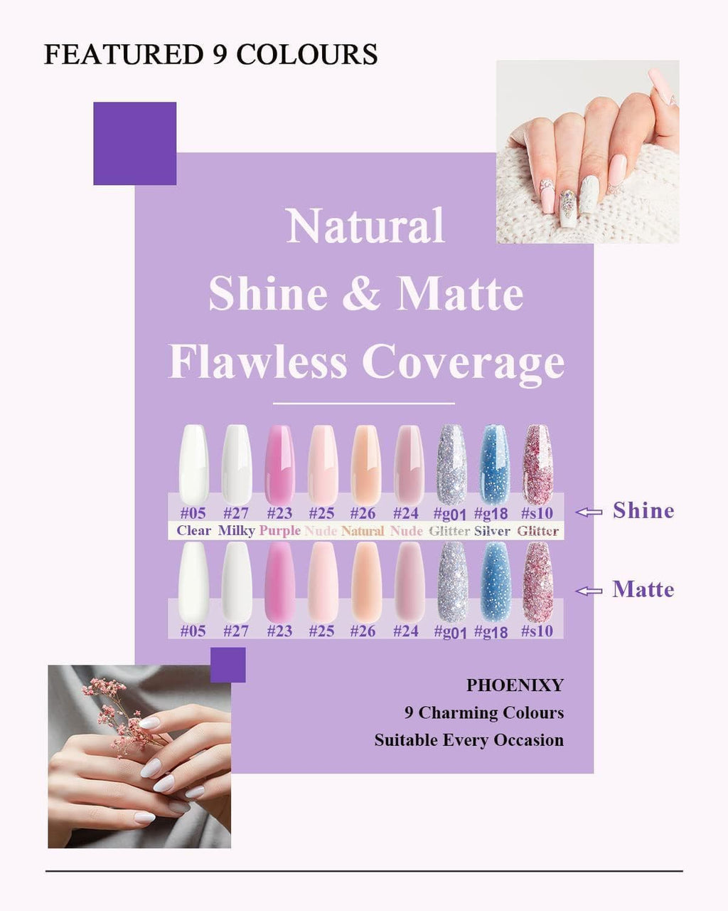 7 different packs . Phoenixy Poly Nail Gel Kit 6 Colors Pink Nude with Sliver Gold Glitter Poly Extension Gel 15 ml