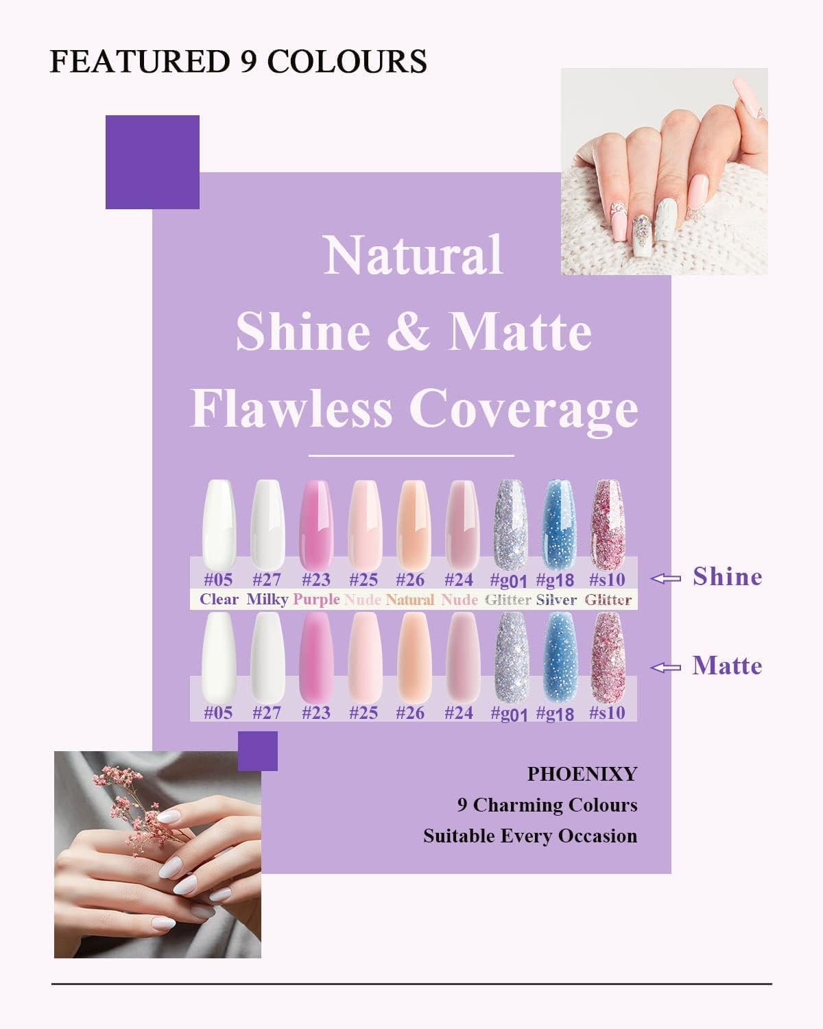 7 different packs . Phoenixy Poly Nail Gel Kit 6 Colors Pink Nude with Sliver Gold Glitter Poly Extension Gel 15 ml