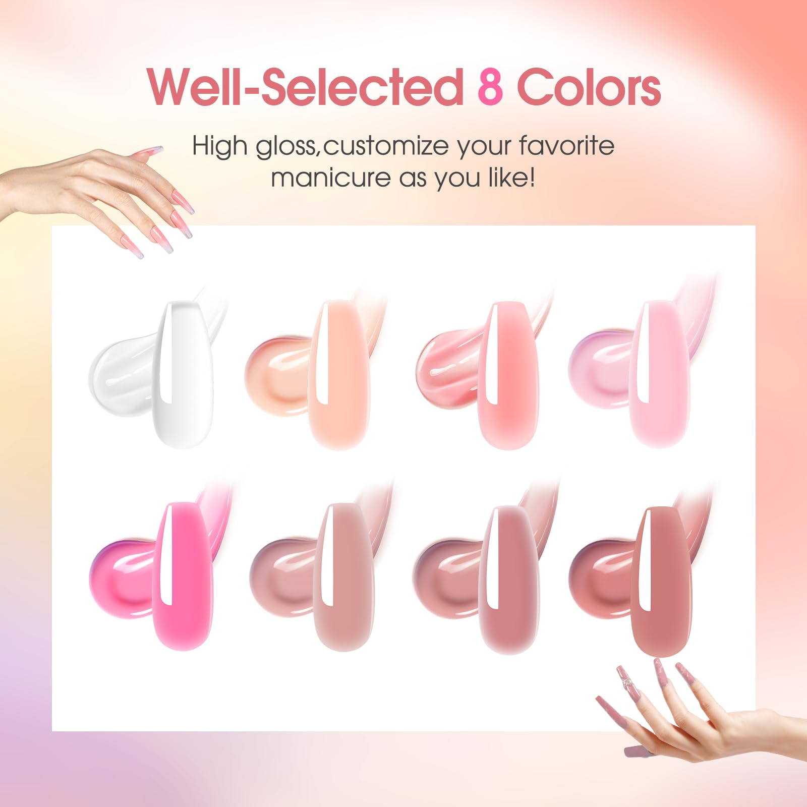 ROSALIND MINI Poly Nail Gel Kit, 8 Colors 0.34oz Each Tube Poly Nails Gel Starter Kit with Slip Solution and Mini UV Lamp, Clear Nude Purple Gels Extension Set