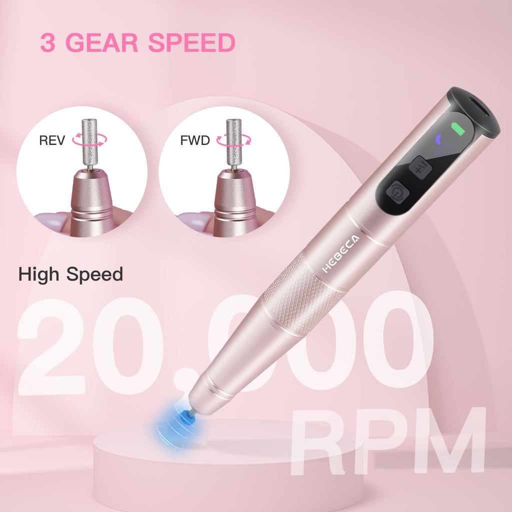 HEBECA Cordless Nail Drill Set - Professional Electric Nail File with 12 Drill Bits 26 Sanding Bands for Natural or Acrylic Gel Nails -Rechargeable.