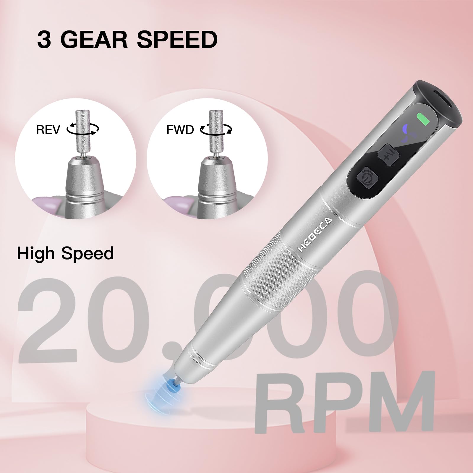 HEBECA Cordless Nail Drill Set - Professional Electric Nail File with 12 Drill Bits 26 Sanding Bands for Natural or Acrylic Gel Nails -Rechargeable.