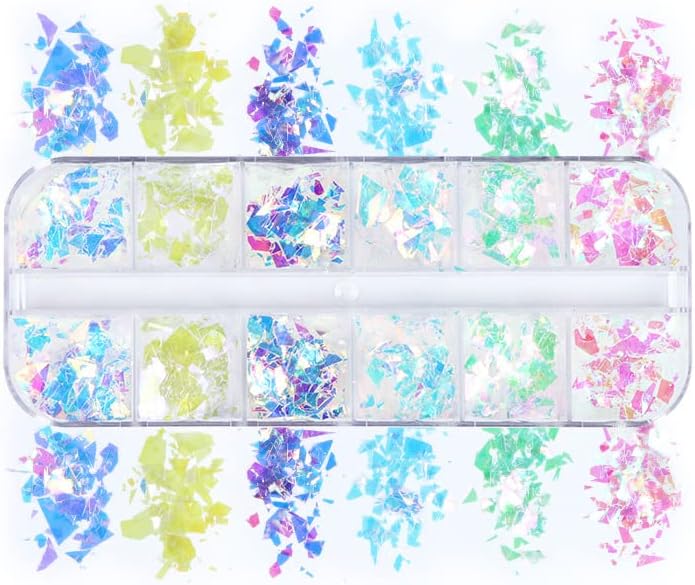Holographic Mermaid Nail Art Glitter Flakes JMEOWIO 12 Grids Gradient Bright Iridescent Ice Slag Nail Sequins Paillettes Summer Nail Art Decoration for Women Girls