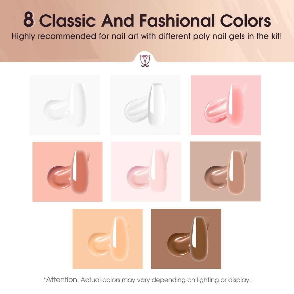 ROSALIND MINI Poly Nail Gel Kit, 8 Colors 0.34oz Each Tube Poly Nails Gel Starter Kit with Slip Solution and Mini UV Lamp, Clear Nude Purple Gels Extension Set