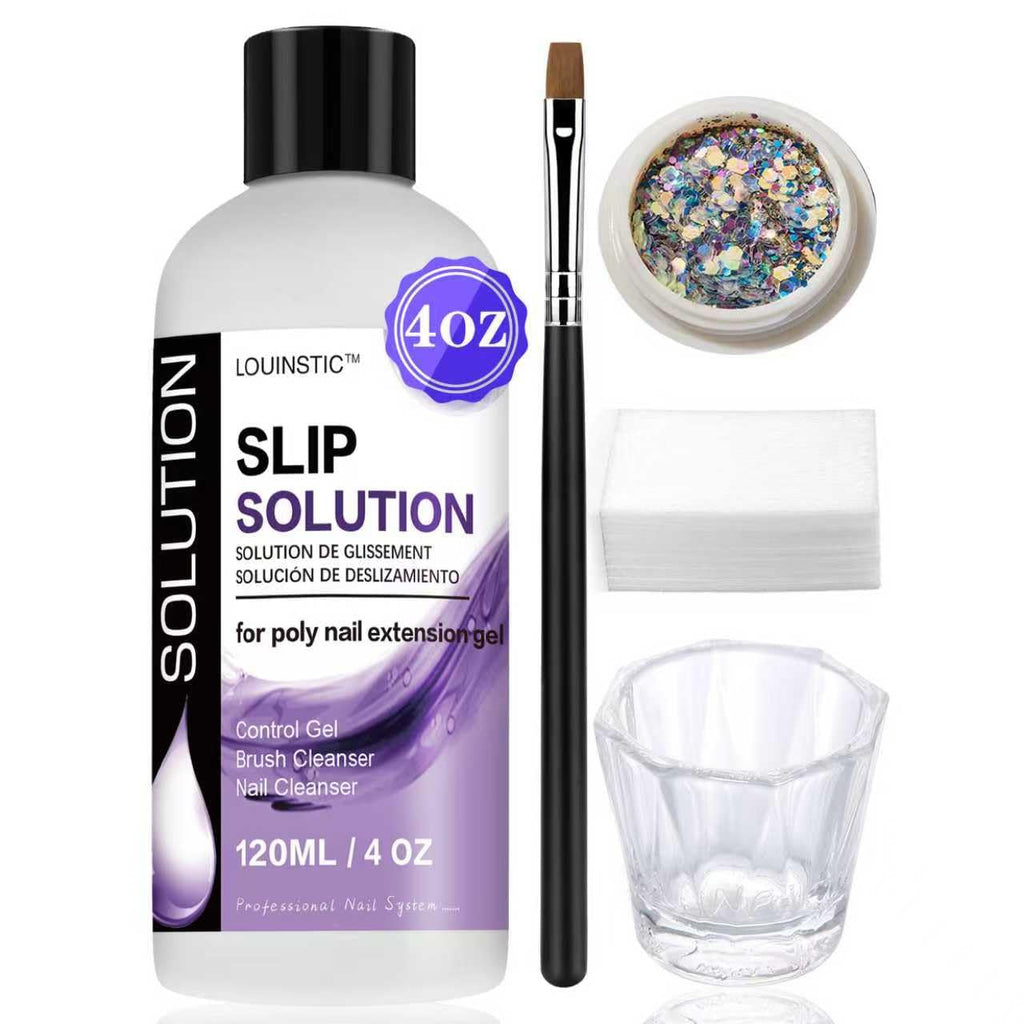 LOUINSTIC 3 In1 Poly Nail Gel Slip Solution - 4 oz Anti-Stick Nail Extension Solution, Nail Brush Cleanser, Nail Preparation Cleanser, Slip Solution for Poly Nail Gel Kit