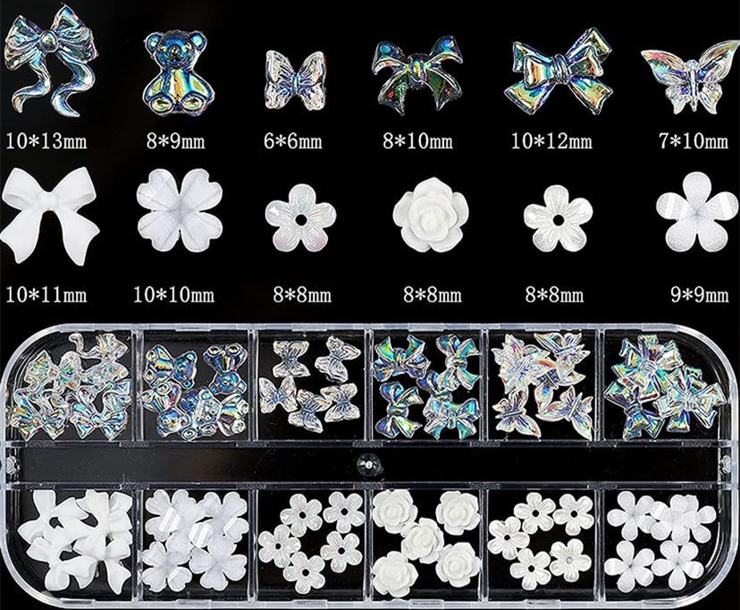 3D Acrylic Butterfly White Flowers Glitter Nail Charms  Mixed ( 3 diff packs )