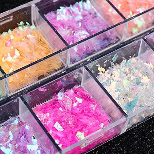 Mermaid Flake Nail Glitter Sequins, CHANGAR Iridescent Ice Slag Nail Glitter Colorful Fluorescent Glass Paper Nail Sticker for Make Up DIY Nail Decoration