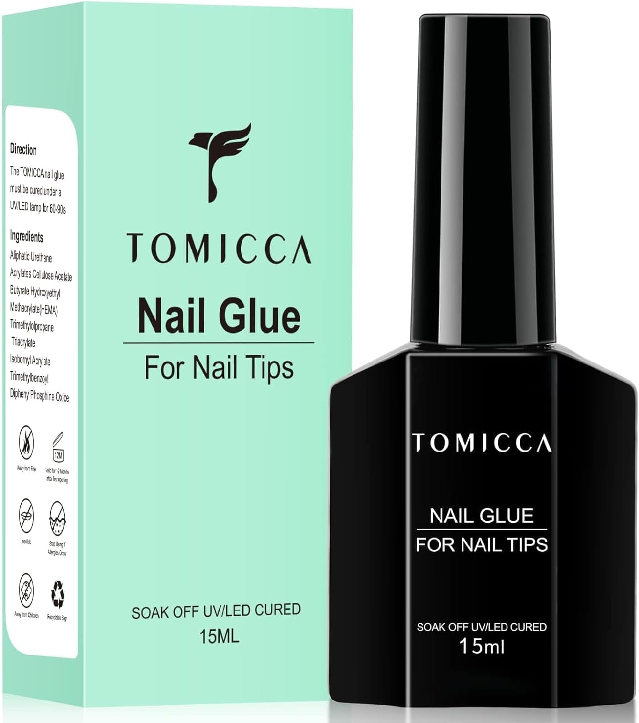 TOMICCA Gel Nail Glue for Nail Tips  plus 4 different packs for nail tips - 15ml Super Strong Nail Glue Compatible with Acrylic Nails,Soft Gel Nail Tips and Press On Nails, UV/LED Curing,