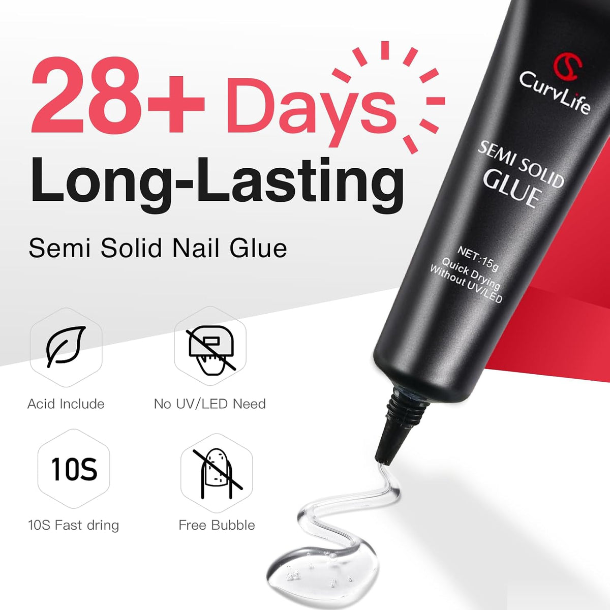 CurvLife Semi-Solid Nail Glue, 15g for Press-On Nails, No lamp required