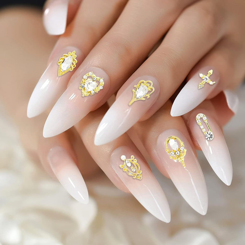36Pcs 3D Nail Charms, Bling Rhinestones Nail Art Decorations Kit, Heart Pearl Metal Gems Stones Crystal Gold