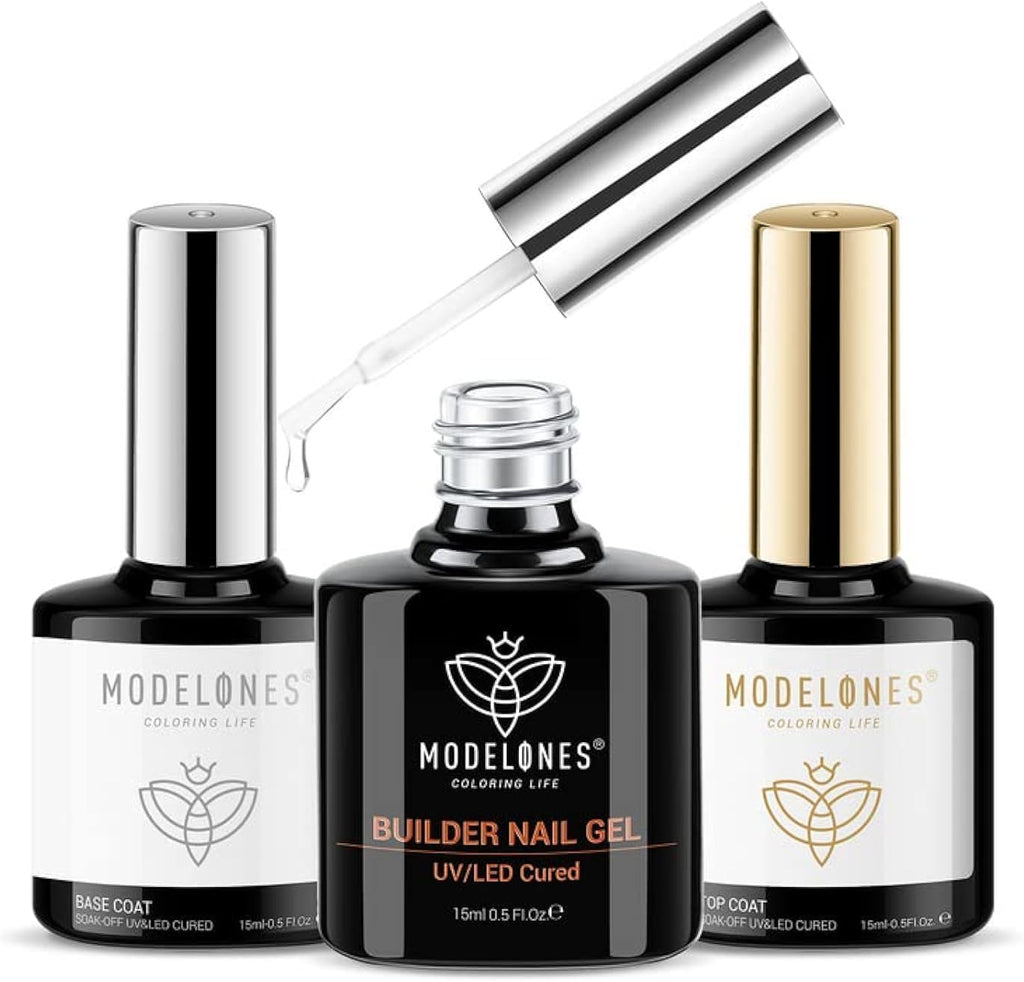 modelones Builder Nail Gel with Gel Top and Base Coat, 3Pcs . Nail Thickening .Apex Building. Nail Extension .Rhinestone Gel Nail Glue, LED Nail Lamp Cured