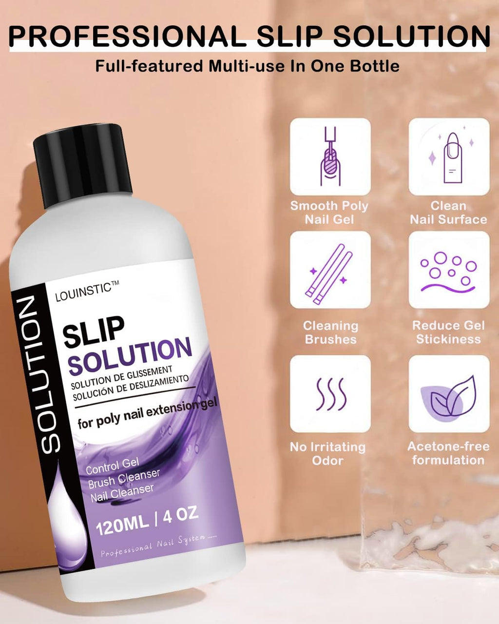 LOUINSTIC 3 In1 Poly Nail Gel Slip Solution - 4 oz Anti-Stick Nail Extension Solution, Nail Brush Cleanser, Nail Preparation Cleanser, Slip Solution for Poly Nail Gel Kit