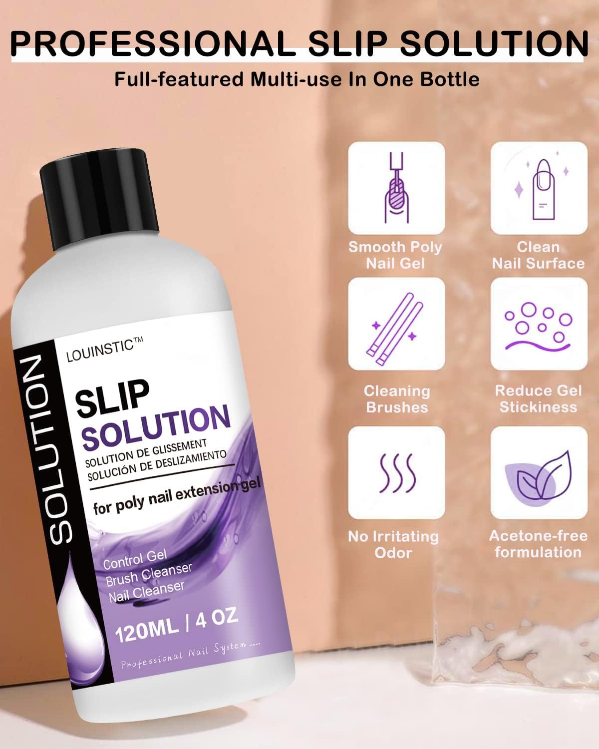 LOUINSTIC 3 In1 Poly Nail Gel Slip Solution - 4 oz Anti-Stick Nail Extension Solution, Nail Brush Cleanser, Nail Preparation Cleanser, Slip Solution for Poly Nail Gel Kit