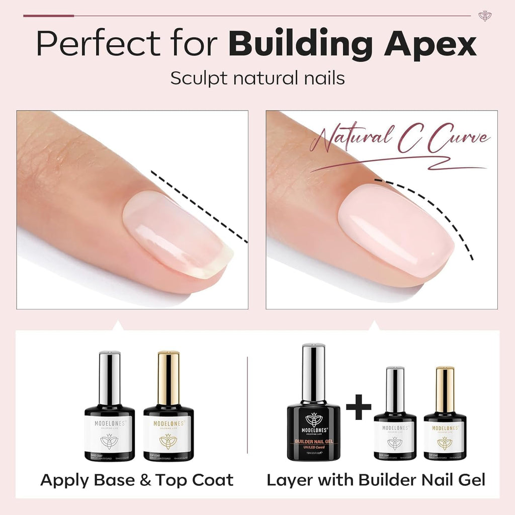 modelones Builder Nail Gel with Gel Top and Base Coat, 3Pcs . Nail Thickening .Apex Building. Nail Extension .Rhinestone Gel Nail Glue, LED Nail Lamp Cured