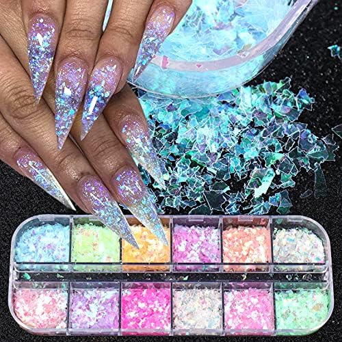 Mermaid Flake Nail Glitter Sequins, CHANGAR Iridescent Ice Slag Nail Glitter Colorful Fluorescent Glass Paper Nail Sticker for Make Up DIY Nail Decoration