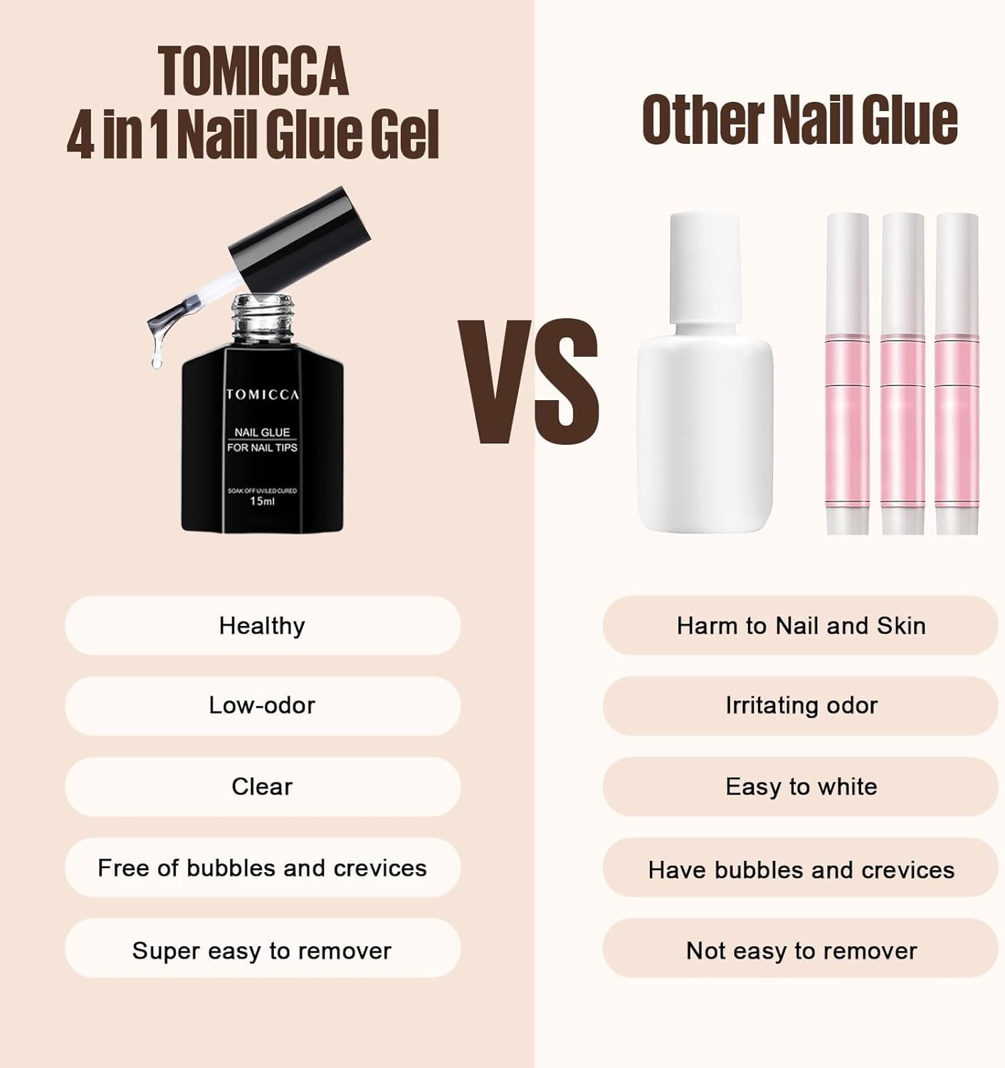 TOMICCA Gel Nail Glue for Nail Tips  plus 4 different packs for nail tips - 15ml Super Strong Nail Glue Compatible with Acrylic Nails,Soft Gel Nail Tips and Press On Nails, UV/LED Curing,