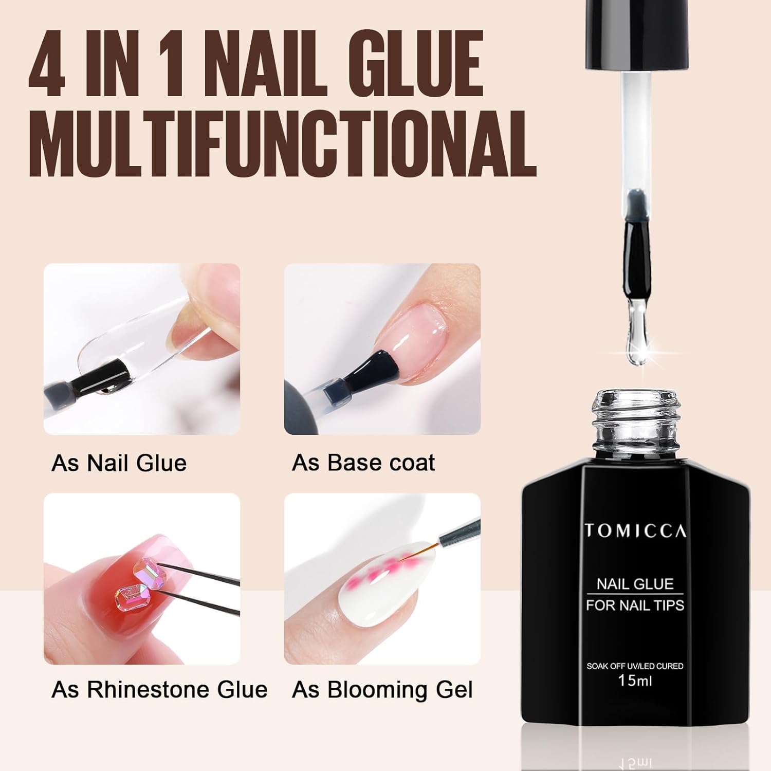 TOMICCA Gel Nail Glue for Nail Tips  plus 4 different packs for nail tips - 15ml Super Strong Nail Glue Compatible with Acrylic Nails,Soft Gel Nail Tips and Press On Nails, UV/LED Curing,