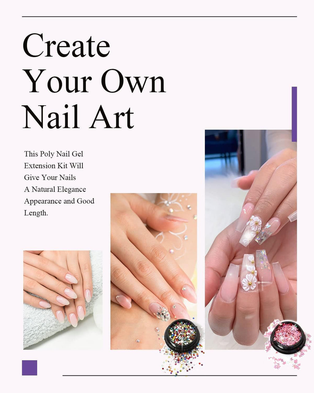 7 different packs . Phoenixy Poly Nail Gel Kit 6 Colors Pink Nude with Sliver Gold Glitter Poly Extension Gel 15 ml