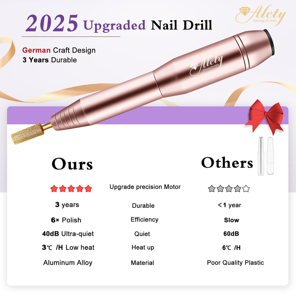 Alety Electric Nail Drill Kit, Portable Electric Nail File for Acrylic Gel Nails, Professional Nail Drills Machine Efile Manicure Pedicure Tools with Gold Nail Drill Bits