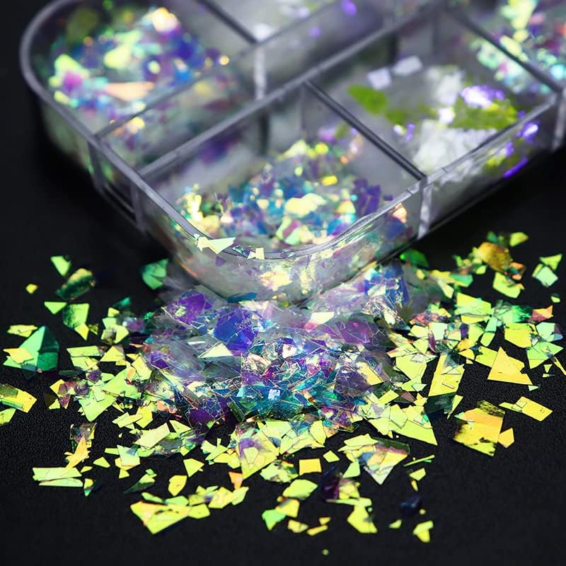 Holographic Mermaid Nail Art Glitter Flakes JMEOWIO 12 Grids Gradient Bright Iridescent Ice Slag Nail Sequins Paillettes Summer Nail Art Decoration for Women Girls
