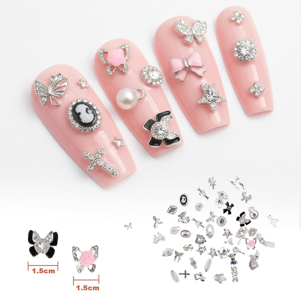 50pcs Nail Charms, Silver Rhinestones Nail Art Gems