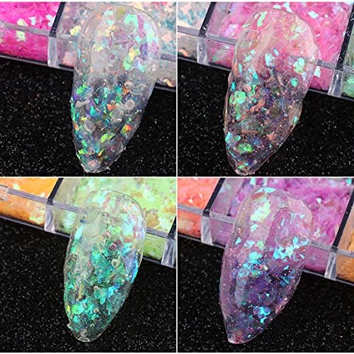 Mermaid Flake Nail Glitter Sequins, CHANGAR Iridescent Ice Slag Nail Glitter Colorful Fluorescent Glass Paper Nail Sticker for Make Up DIY Nail Decoration