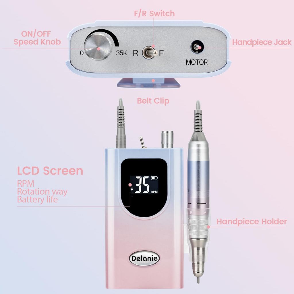 Delanie Professional Nail Drill High Torque 35000 RPM Rechargeable Portable Electric Nail File for Acrylic & Gel, High Speed, Low Heat, Low Vibration (7 colors )